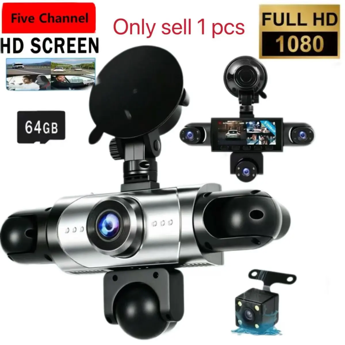 Five-Direction Dash Cam, Front Camera 1080P, Side Rear Cameras 720p, LED Display, Button Control, Rechargeable Battery, Night Vision, Loop Recording