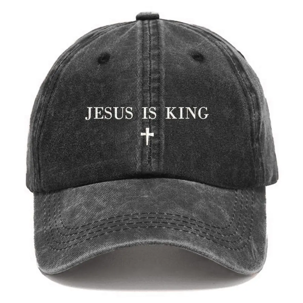 Jesus Is King Embroidered Cotton Hat, Washed Denim Faith Theme Baseball Cap, Adjustable 21.6 - 23.6 inches / 55 - 60 cm, Dad Style Cap, Unisex Clothes, Vintage Retro, Christian Print Hats, Casual, Bold Embroidery, Mens Hats