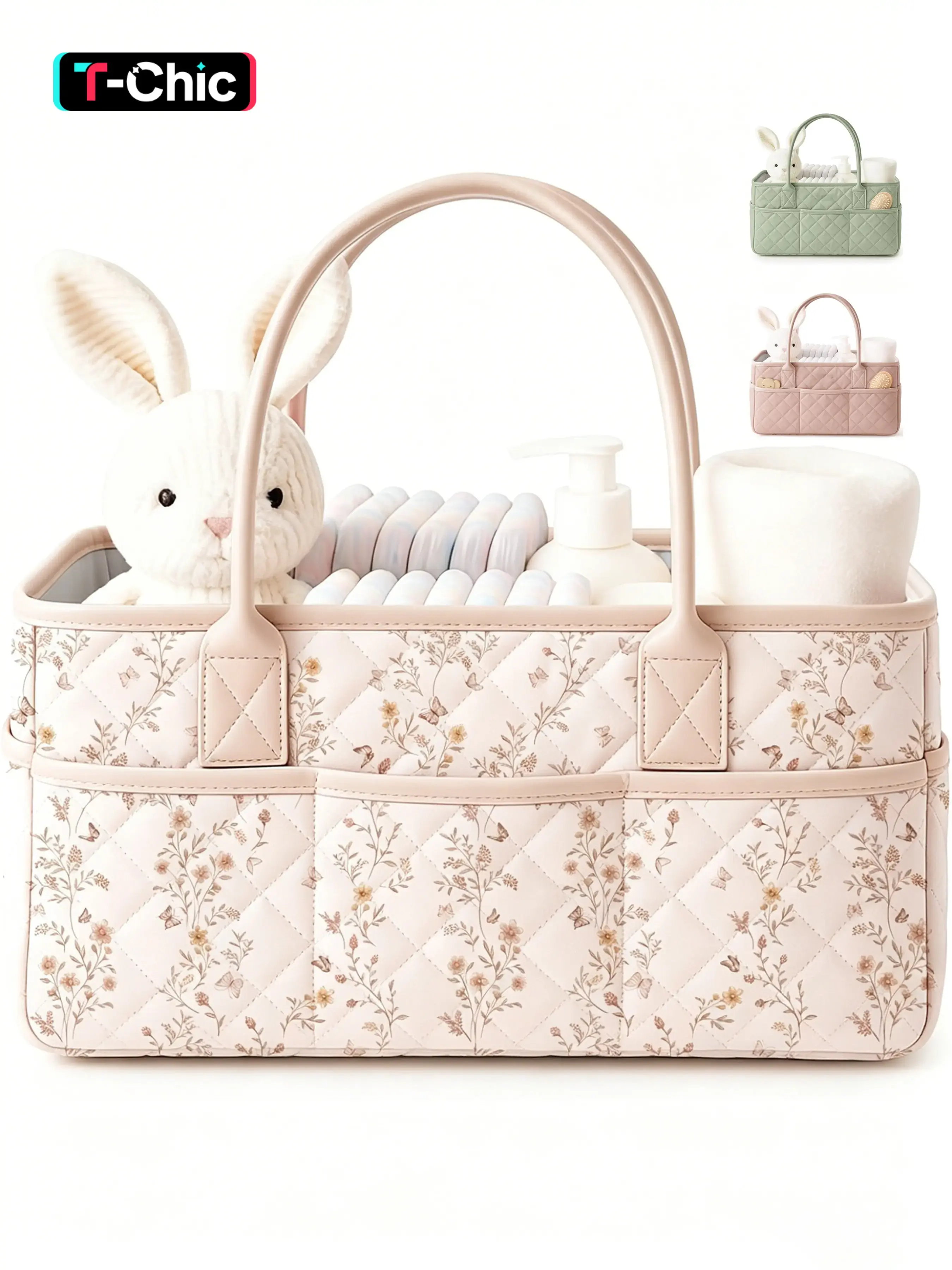 Floral Quilted Diaper Caddy Organizer, Diaper Bag Organizer, Diaper Caddy Basket with PU Leather Handles, Water-Repellent Nursery Storage Basket, Portable Car Organizer, Registry Search Must Haves