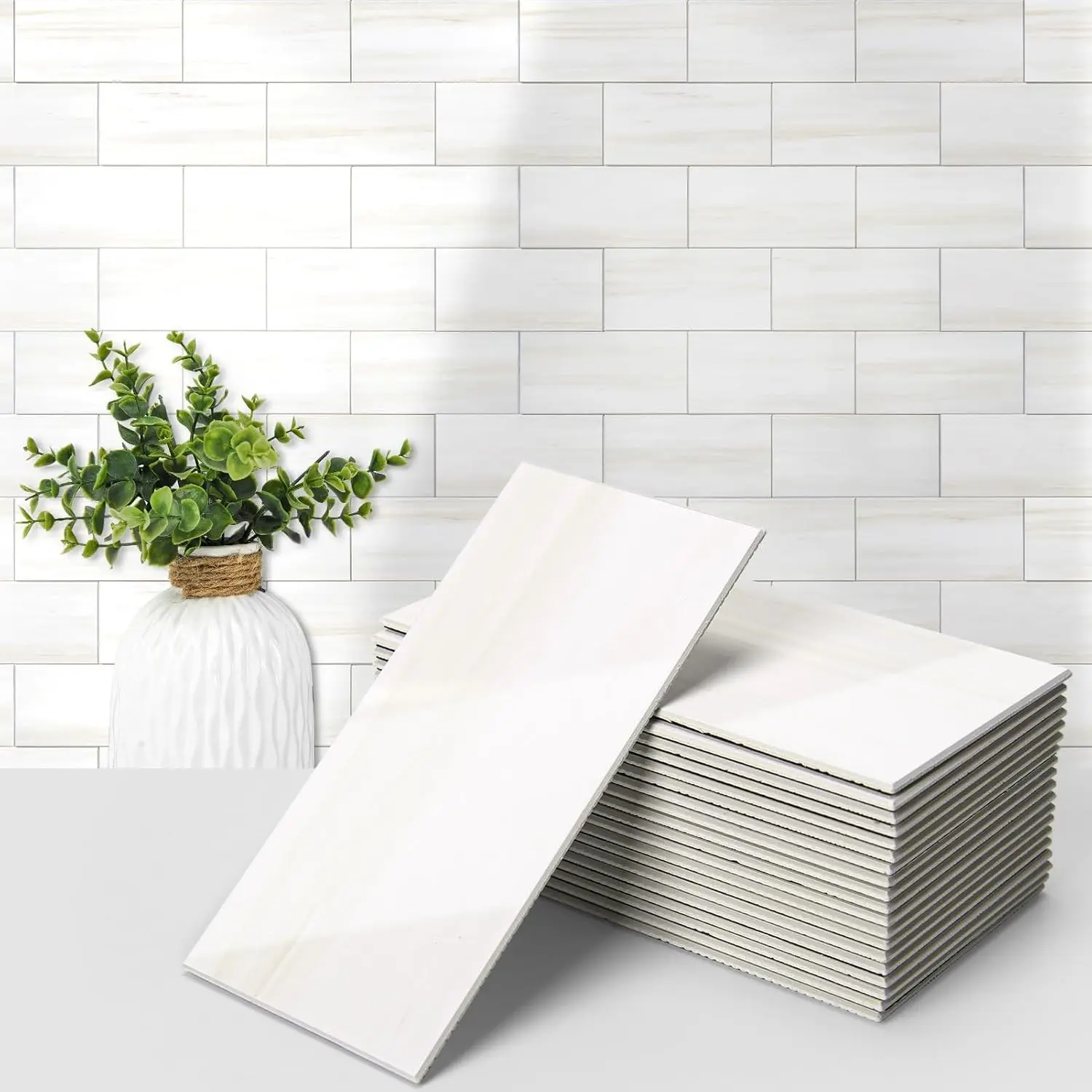 102-Piece Peel and Stick Wall Tile for Kitchen Backsplash, Bathroom, Fireplace, 3in. × 6in. Stick on Subway Tile, Cream-White
