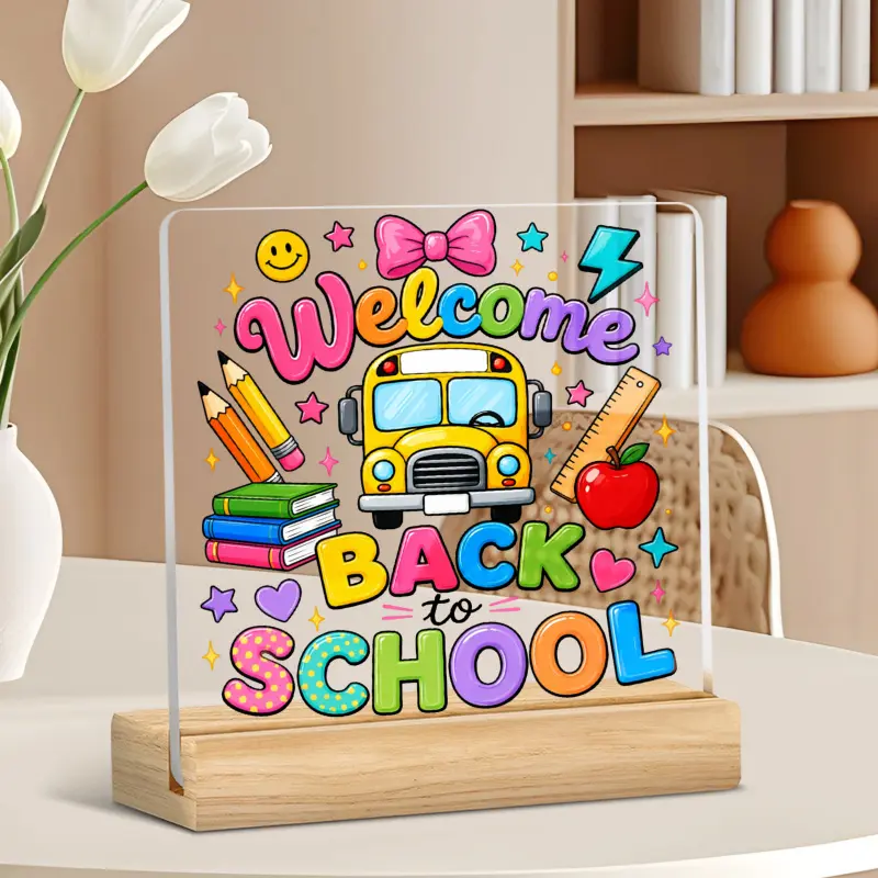 2D Flat Single Pack Welcome Back-to-School Commemorative Plaque - Bus & Book Design Acrylic Desktop Ornament, Suitable for Home and Office Decoration, Irregularly Shaped Decorative Gifts for Teachers and Students, Inspirational Campus Display Piece Featur