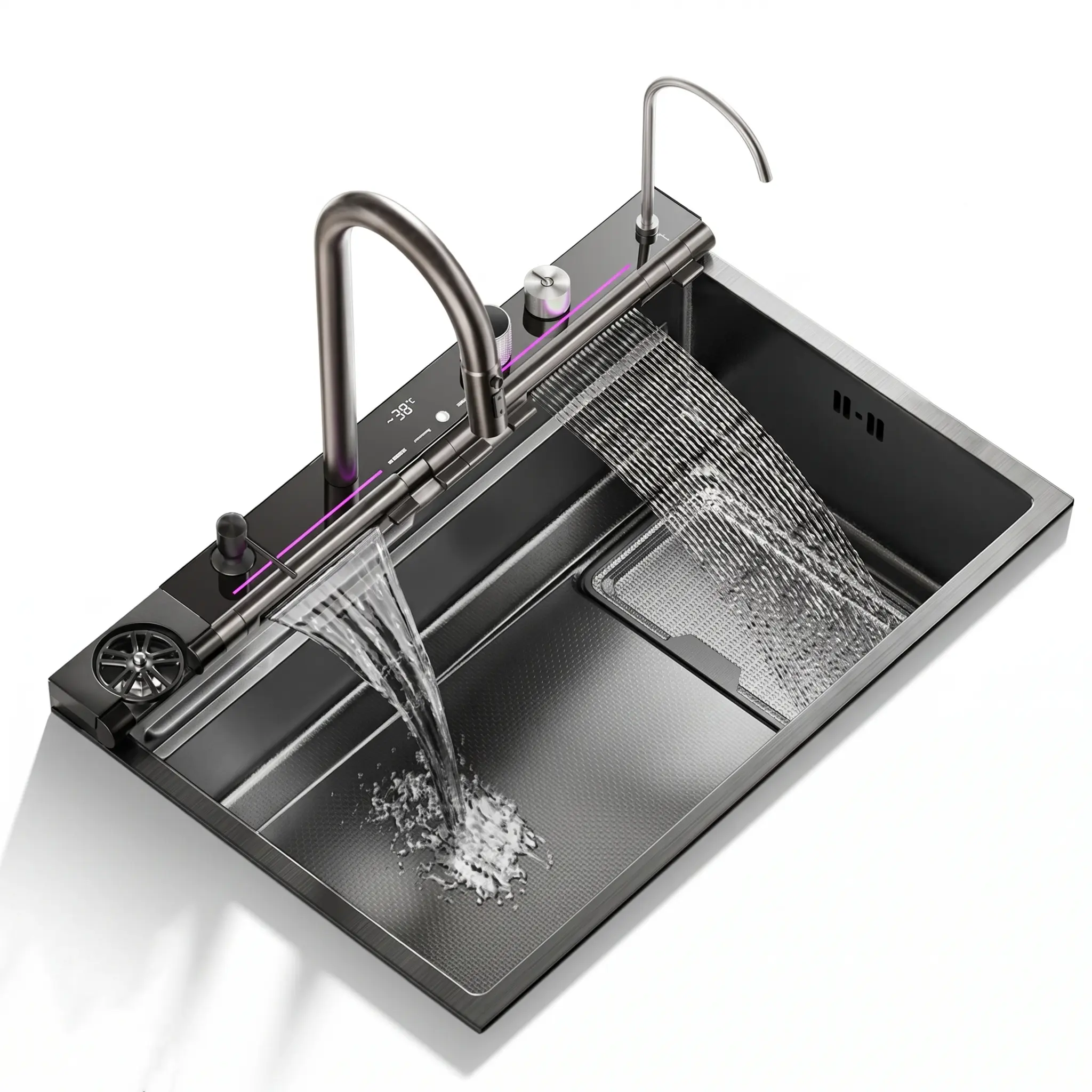 QORVANE Black Diamond Black Kitchen Sink with Square Waste Strainer, Scratch-Resistant Stainless Steel Workstation Sinks with Dual Waterfall & Digital Display Faucet for Home and RV Sink