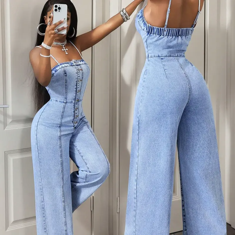 Women's Casual Denim Halter Backless Wide Leg Pants, Spring & Fall Fashion, Slim-Fitting Solid Pattern, Daily Wear