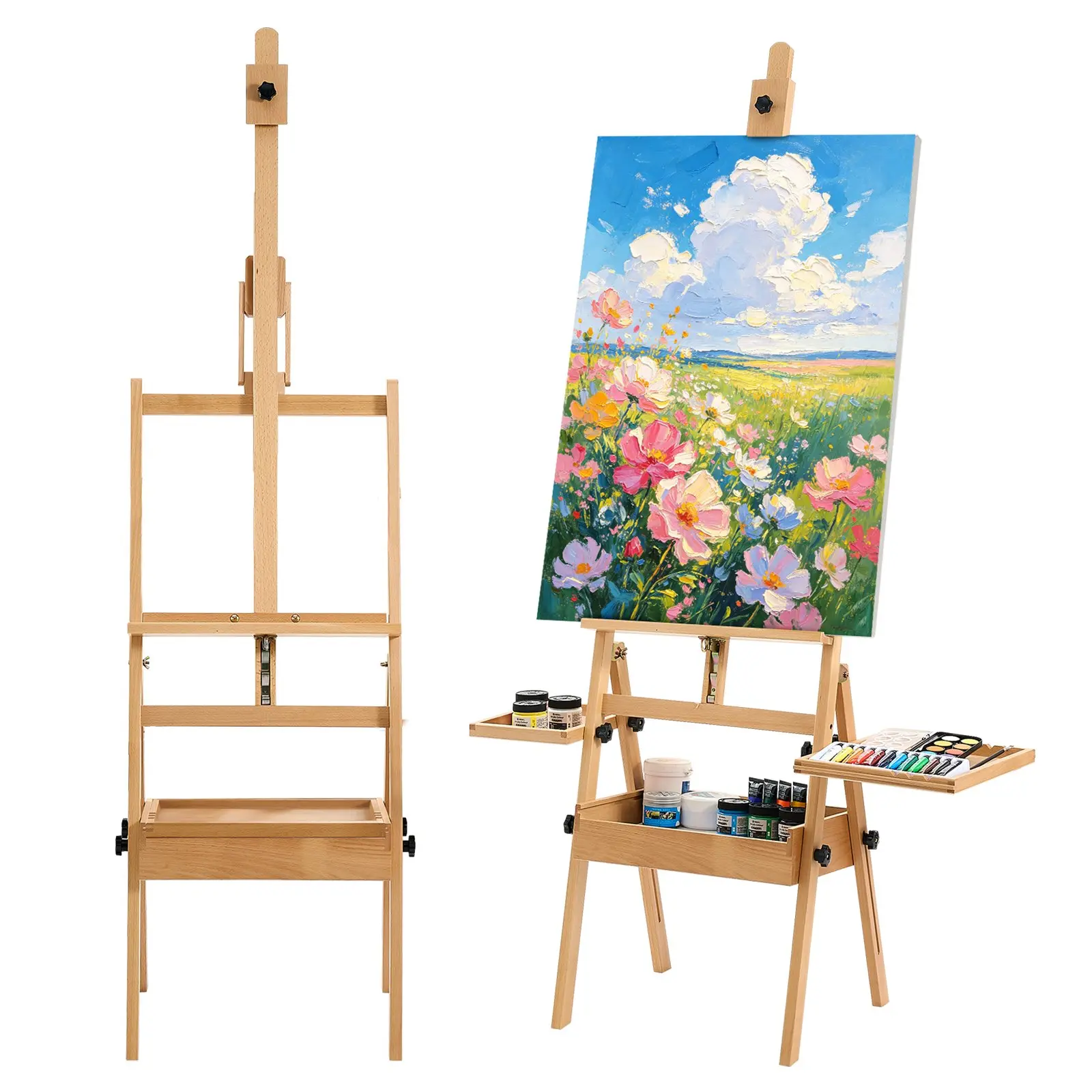 VEVOR Solid Beech Wood H-Frame Art Easel, Adjustable Height & Angle, Holds 35.43" Canvas Max, Multi-Function with Storage Box & Trays, Natural Color for Artists' Painting