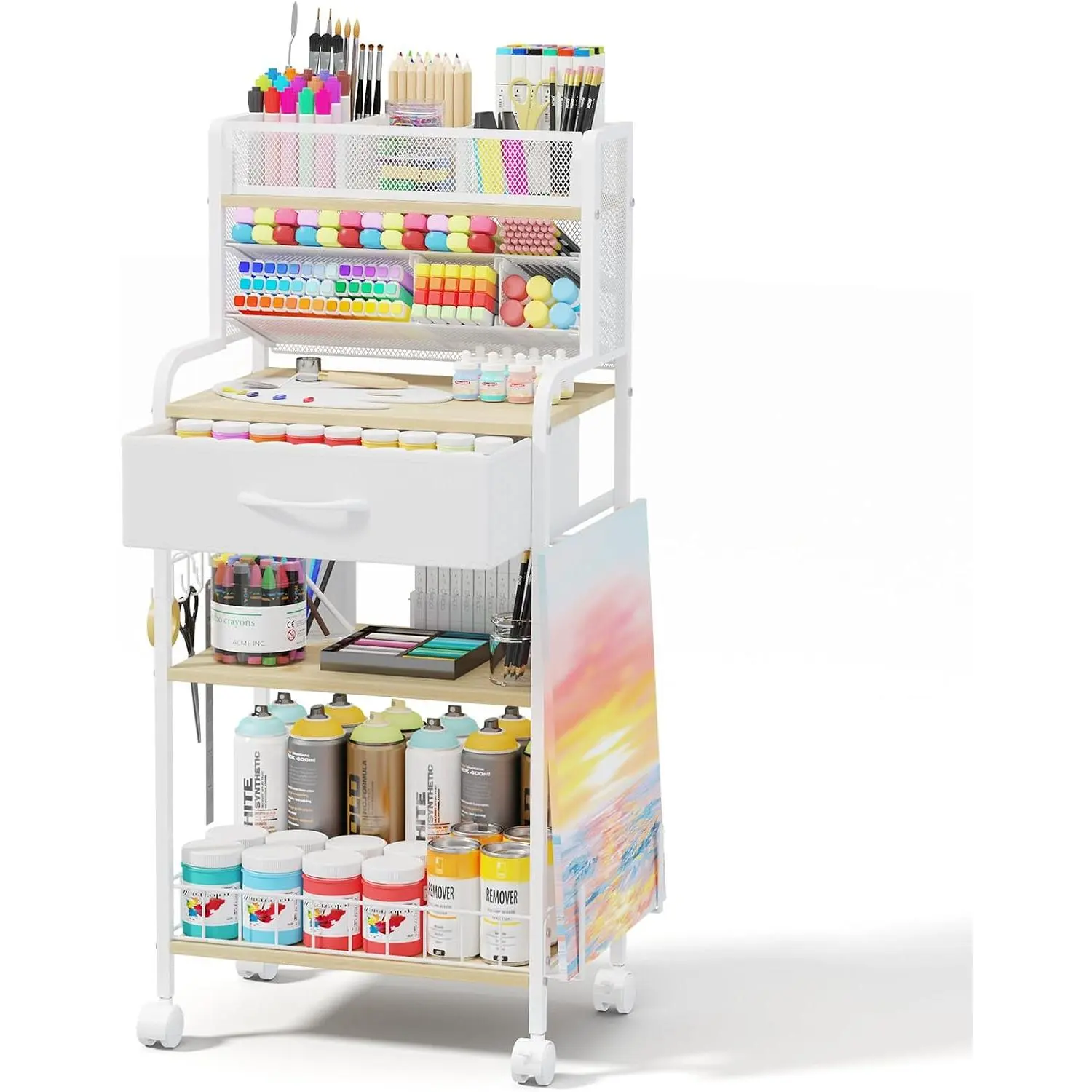 Art cart, 3 Tier Rolling Cart - Utility Cart with Storage Drawer and Wheels, Versatile Art & Craft Organizer for , Office, or Studio Ideal for Storing Brushes, Paints ( White)