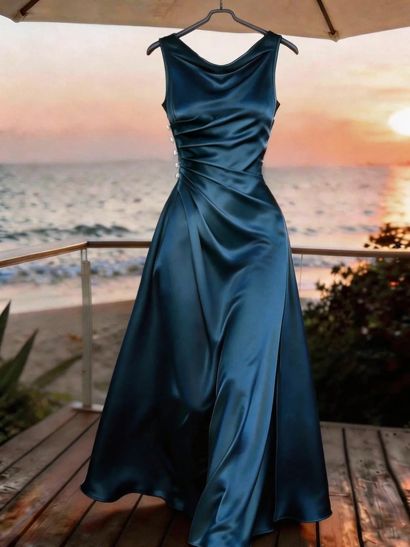 Peacock Blue Satin Dress, French Elegant Sleeveless Gown, Flowy Satin Midi Dress, Summer New Arrival, Business Evening Wear
