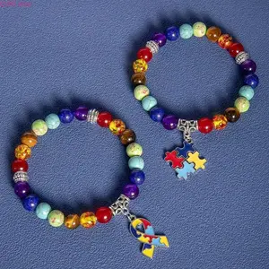 Unisex Autism Awareness Stretch Sports Wristband With Rainbow Beads, Chakra Natural Stones And Puzzle Piece Charm For Daily Wear And Awareness Support, Summerwins Seasonal Accessory