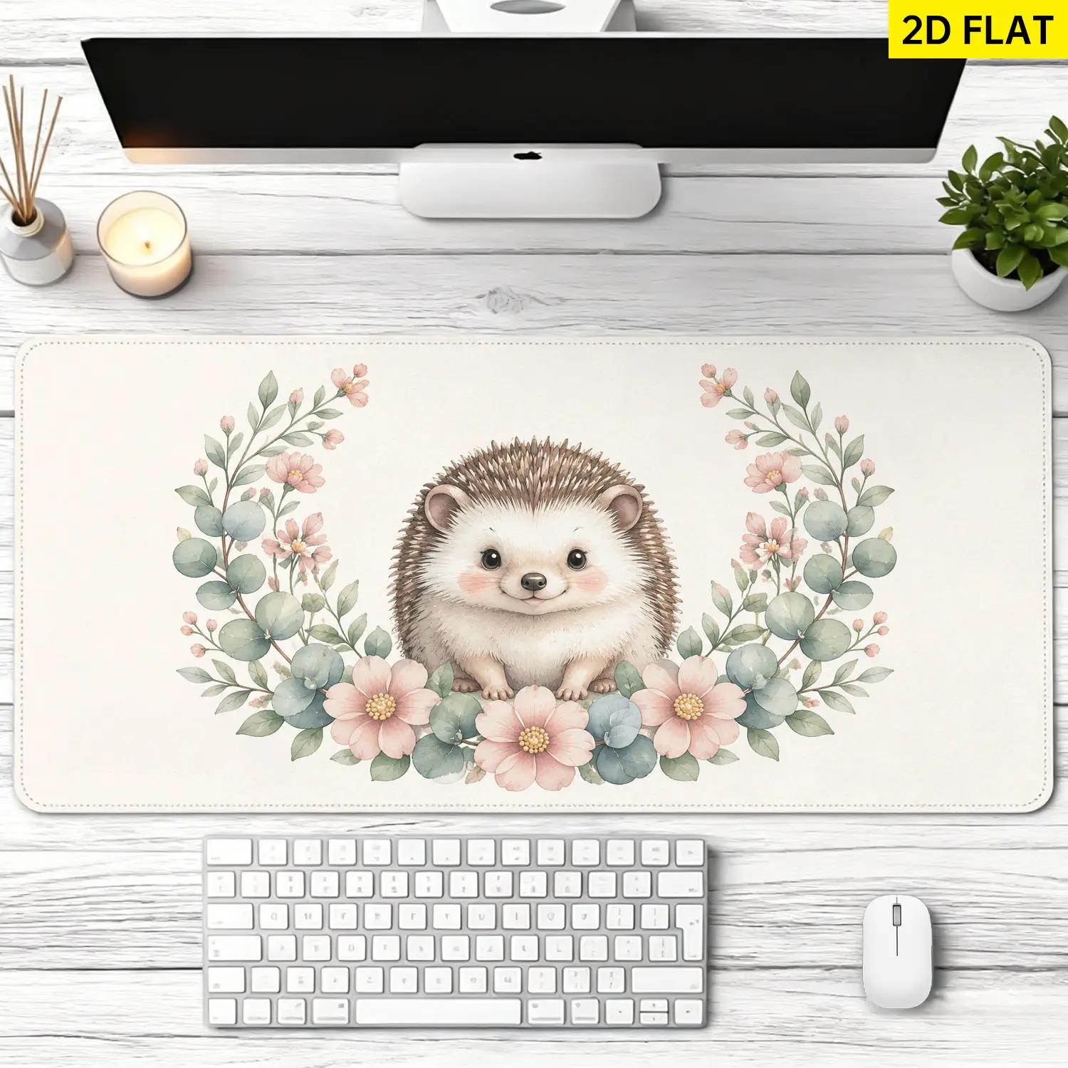 Extra Large cute hedgehog with floral wreath Mouse Pad,Non Slip Rubber Pad,Desktop Decoration Drotection Pad,Washable,Lock Edge Multi Size,Premium Multipurpose Mousepad For Home,Office,Gift for Family and Friends