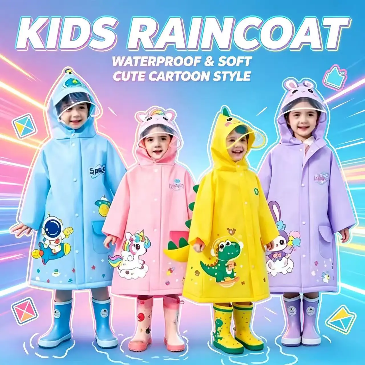 Kids' 3D Dinosaur Raincoat, 1-Piece Lightweight Waterproof EVA Rain Jacket with Pockets for Toddler Boys & Girls Outdoor Use, Outdoor Daily Use
