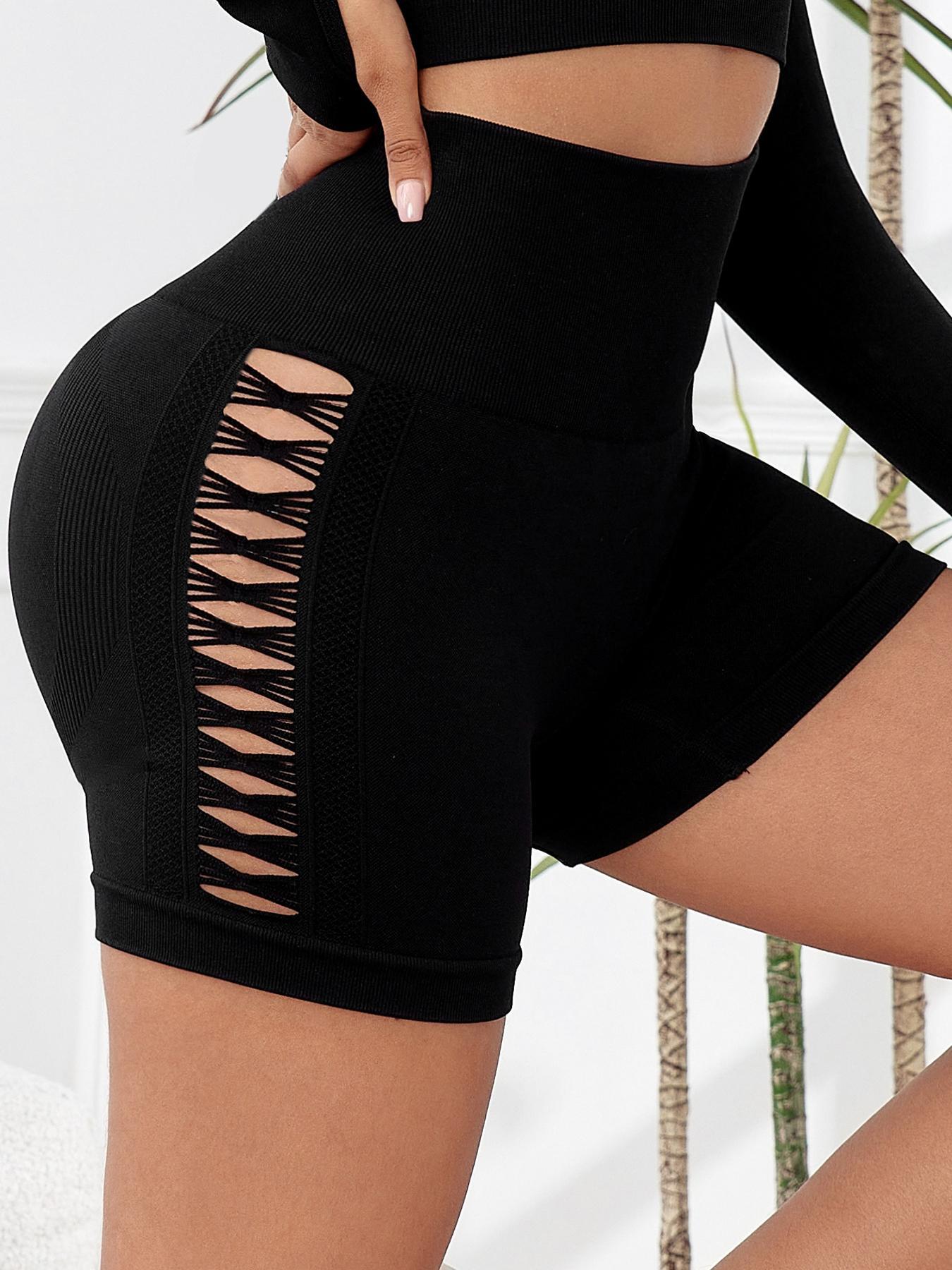 Women's Solid Color Cut Out Gym Shorts, Workout Impact Shorts, Breathable Comfortable Skinny Shorts for Yoga Gym Workout, Ladies Sportswear for Summer