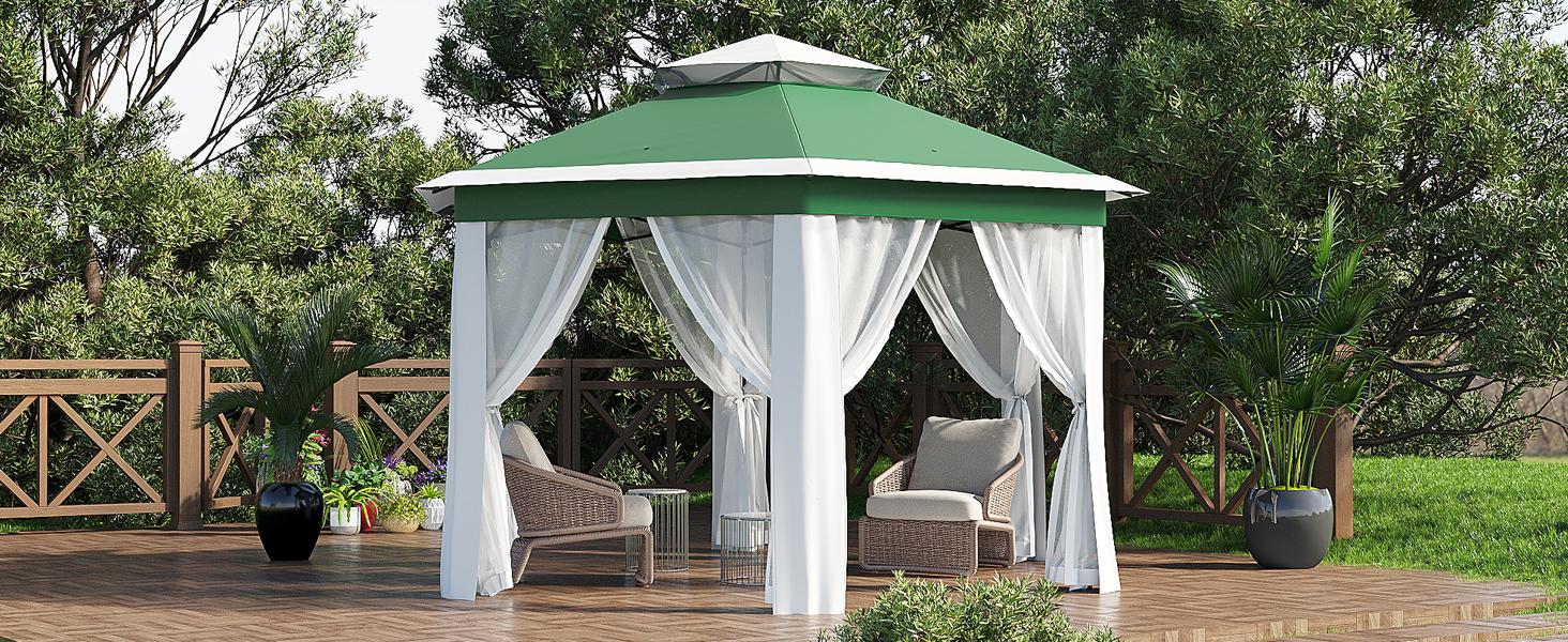 13x13FT Pop-Up Gazebo, Hexagonal Outdoor Canopy Tent with Mosquito Netting, Dual Vent Roof Awning with 6 Sided Sun Shelter, UV Resistant Height Adjustable for Patio, Backyard - Light Khaki + Beige