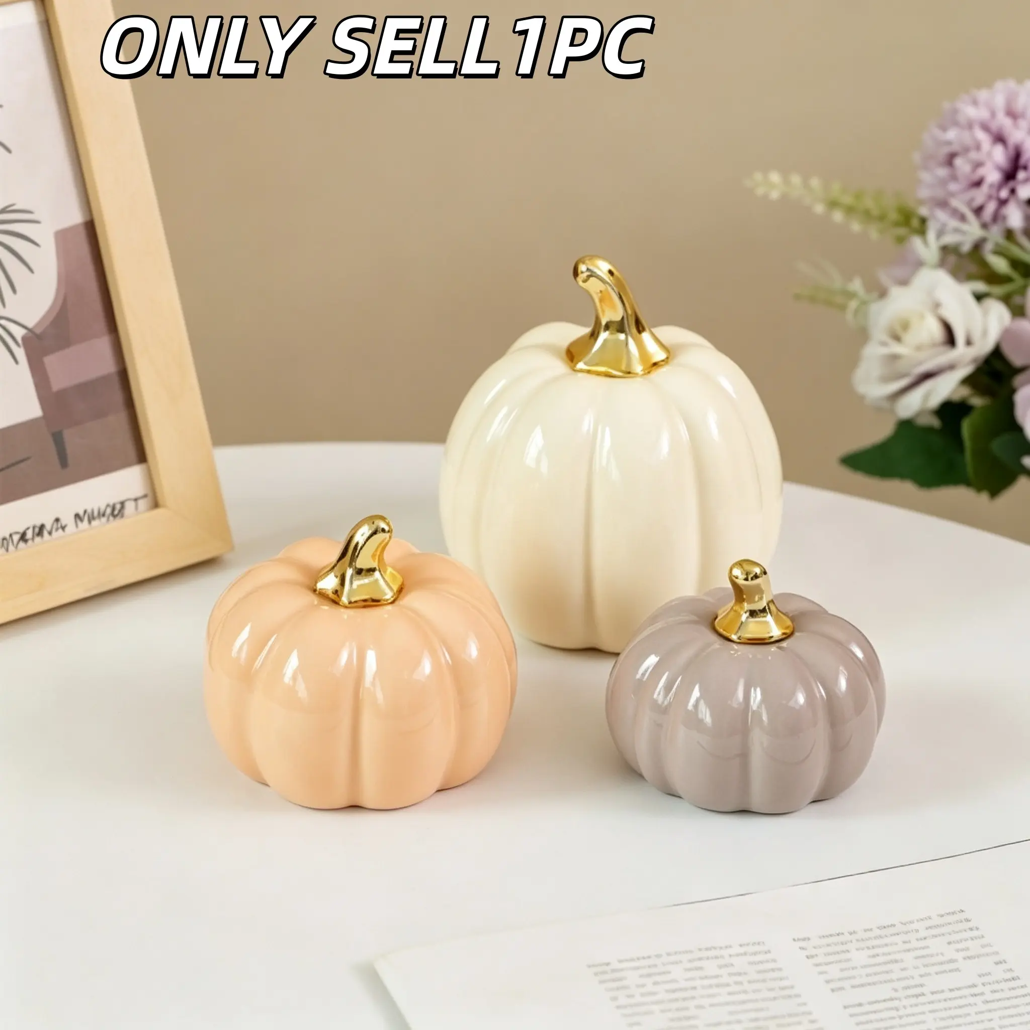 1PC Light Luxury Ceramic Three-Color Golden Stem Pumpkin Ornament, Minimalist Pumpkin Decor, Autumn & Halloween Tabletop Home Decoration