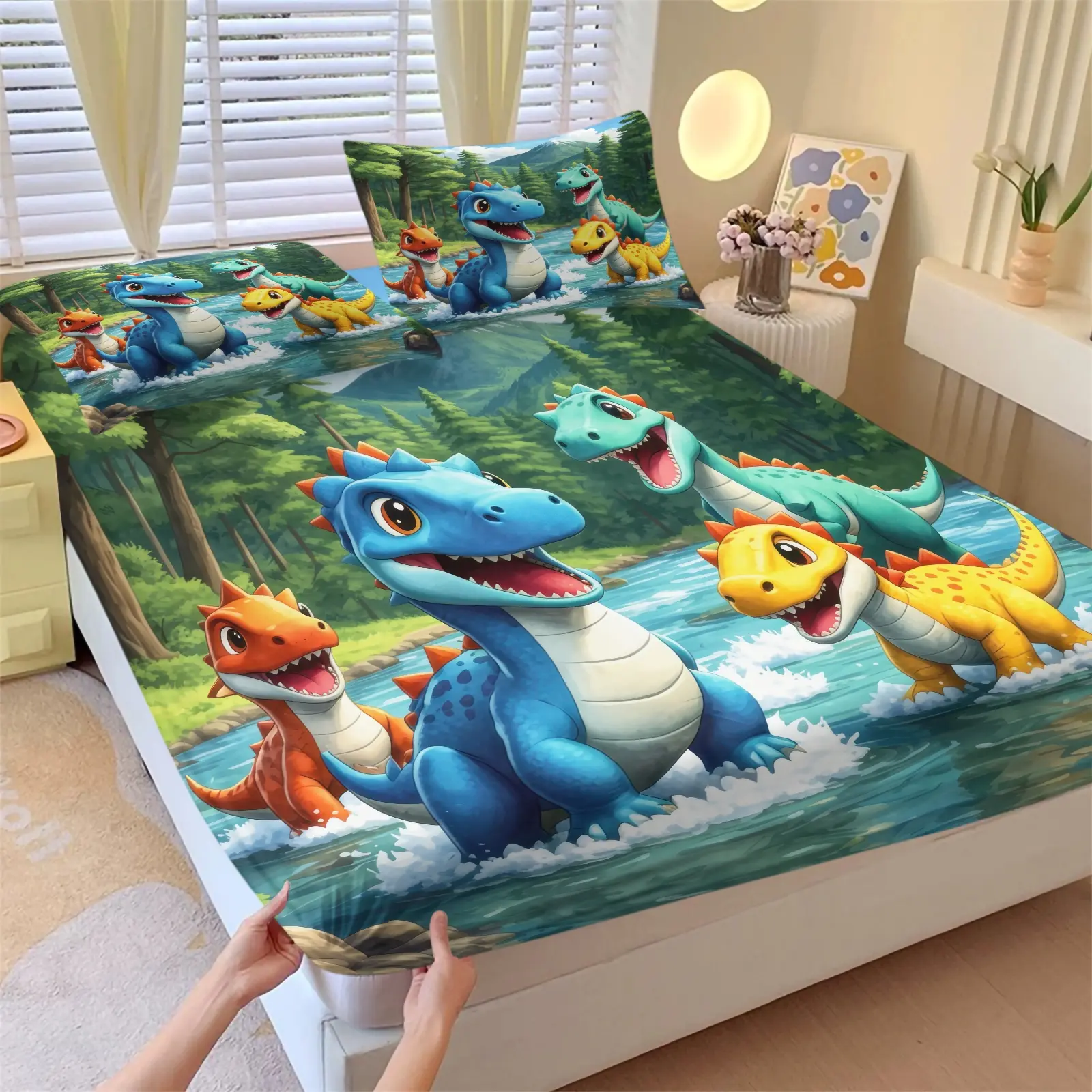 Jurassic Cartoon Forest Colorful Dinosaur Print Fitted Sheet Set, 1 Fitted Sheet & 2 Pillowcase, Green Kids Cottage Bedding, Jurassic Landscape Bed Set, Soft Elastic Mattress Cover, Kids Apartment Decor, Dino Art Lover Gift, Cute Bed Sheets