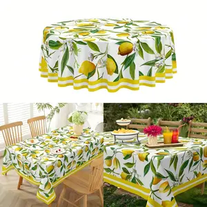 Vibrant Polyester Tablecloth with Lemon and Floral Design, Stain-Resistant Reusable Thick Tablecloth, Ideal for Summer Parties