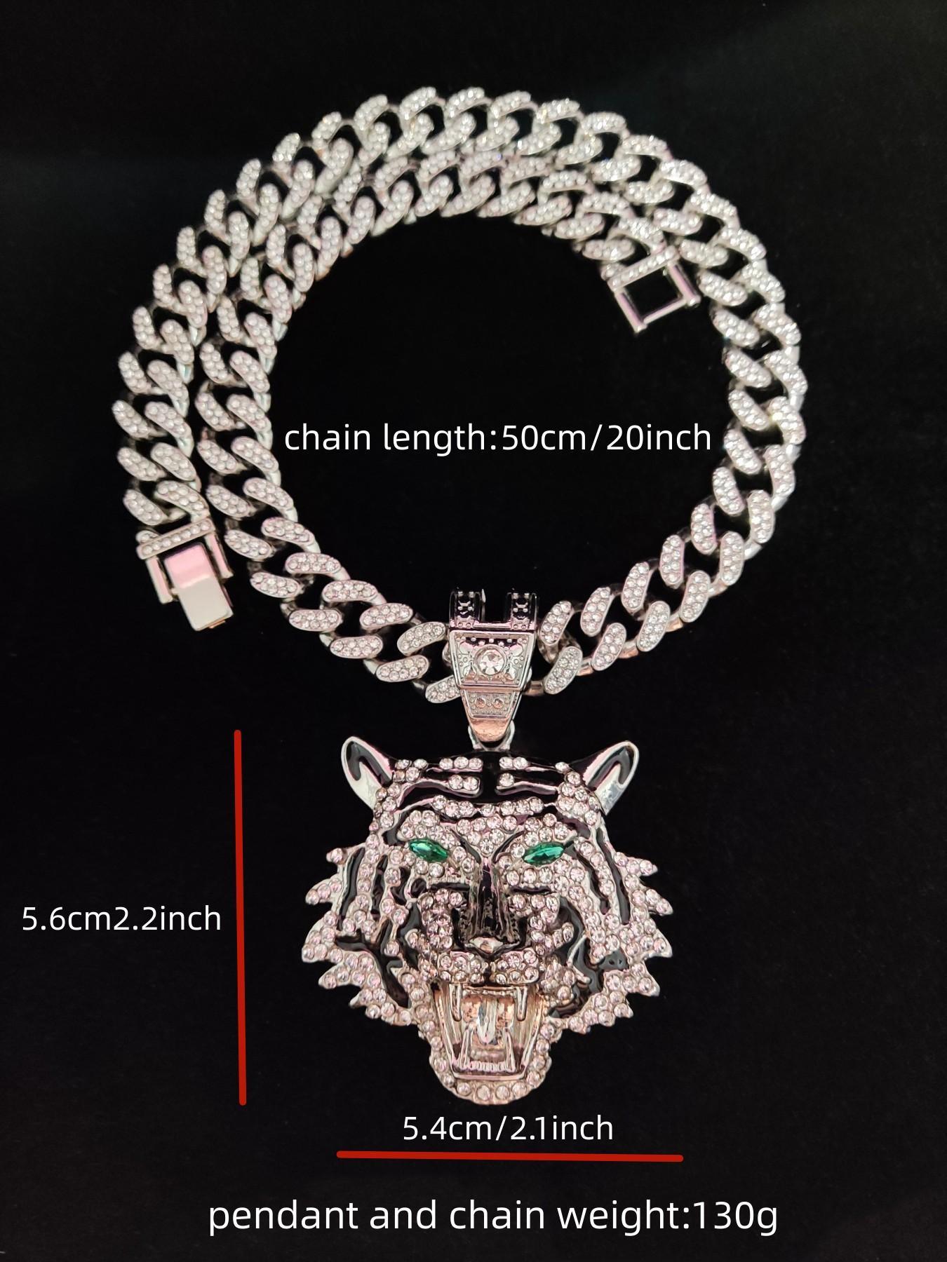 Hip Hop Luxury Rhinestone Tiger Shaped Pendant Necklace for Men & Women, Summer Chunky Cuban Chain Necklace, Streetwear Necklace, Cuban Link Chain, Gift for Girlfriend