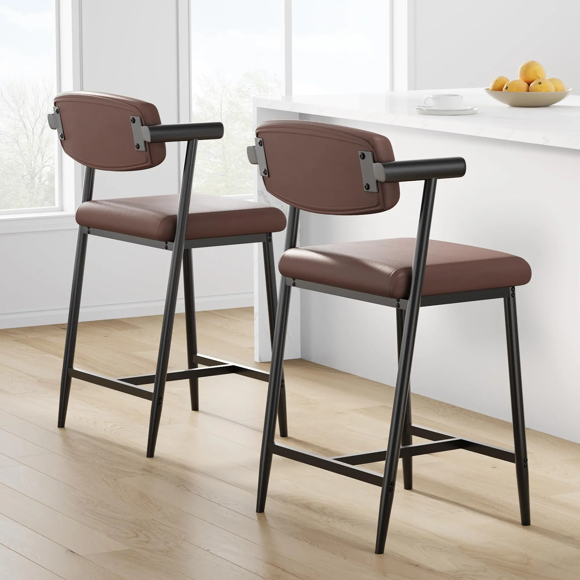 GARVEE Set 2 Modern Bar Stools with Backrest and Armrests - Wide Padded Seat, Footrest, Height 66cm, Easy to Assemble, Black Leather, for Kitchen Island or Retro Brown Counter