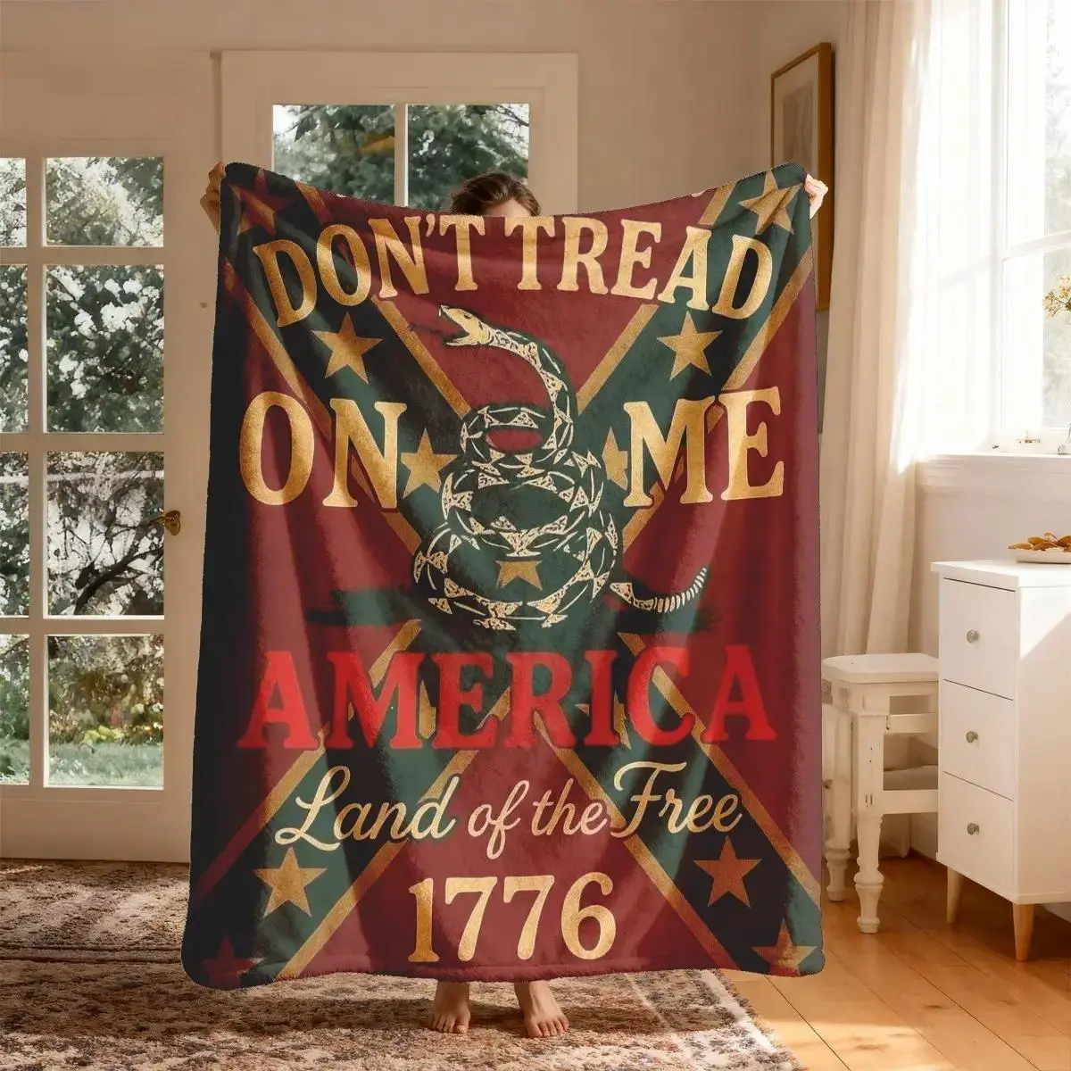 American 1776 Freedom Vintage Design Snake Flag Flannel Blanket, Soft Lightweight Warm, Perfect for Home Bed Sofa Office Camping Travel Gift
