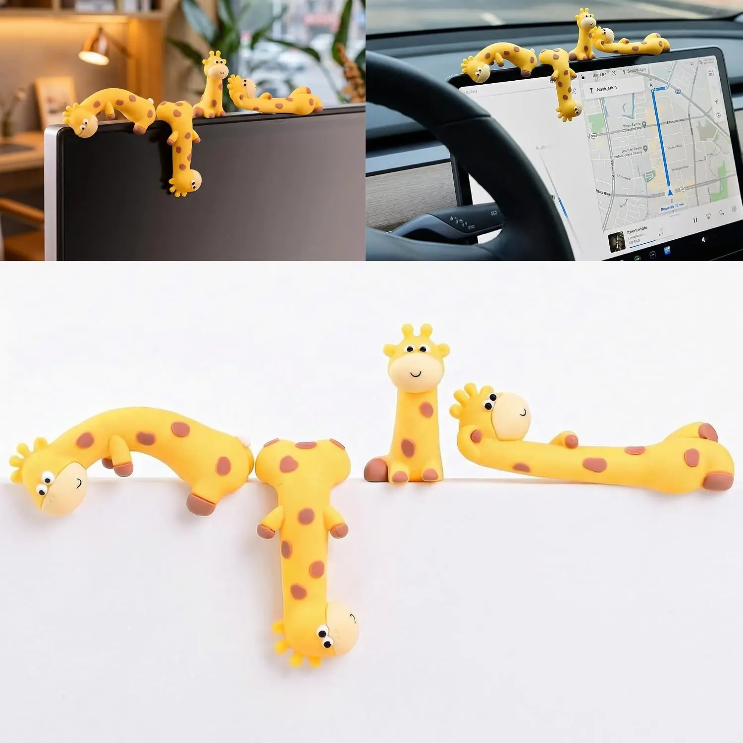 4Pcs Mini Giraffe Figurines for Computer Monitor Decor-Cute Resin Animal Ornaments for Car Dashboard, Desk Accessories & Office Decorations-Adorable Monitor Frame Hanging Screen Buddy Set