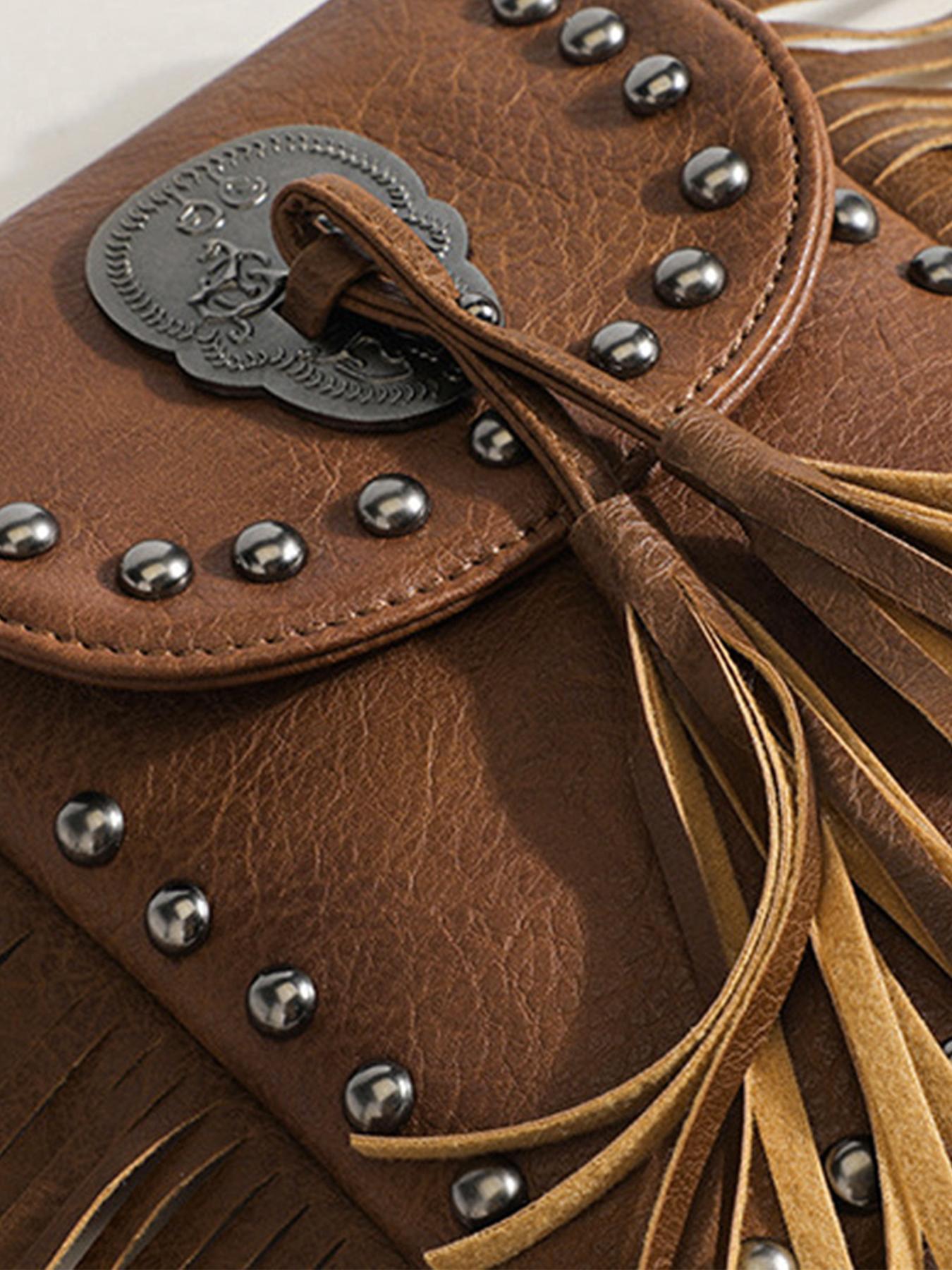 Women's Punk Style Rivet & Tassel Decor Crossbody Bag, Trendy Vintage Crossbody Bag, Chic Crossbody Bag for Daily Use, Crossbody Shoulder Purses