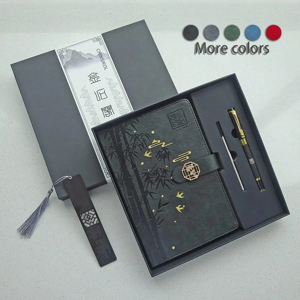 Chinsikol Bamboo Pattern Gift Set, A5 Leather Notebook, Metal Pen, Replacement Ink, Wooden Bookmark, Elegant Business Gifts