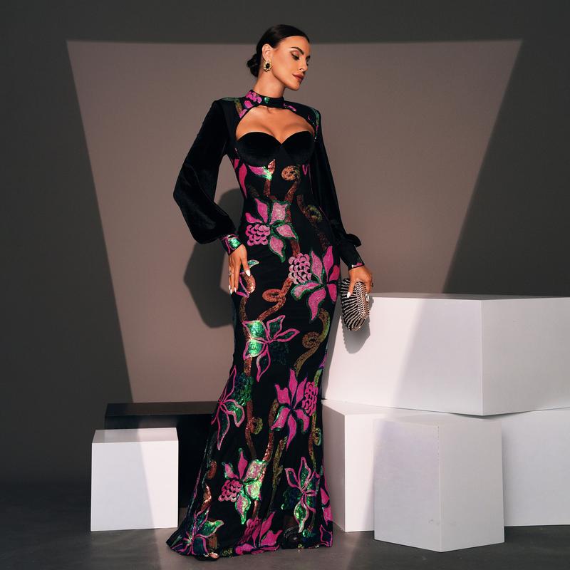 Long Sleeve Elegant Round Neck Sexy Hollow Out Long Sequin Evening Dress Bridesmaid Dress for Women Womenswear Black Floral Crewneck