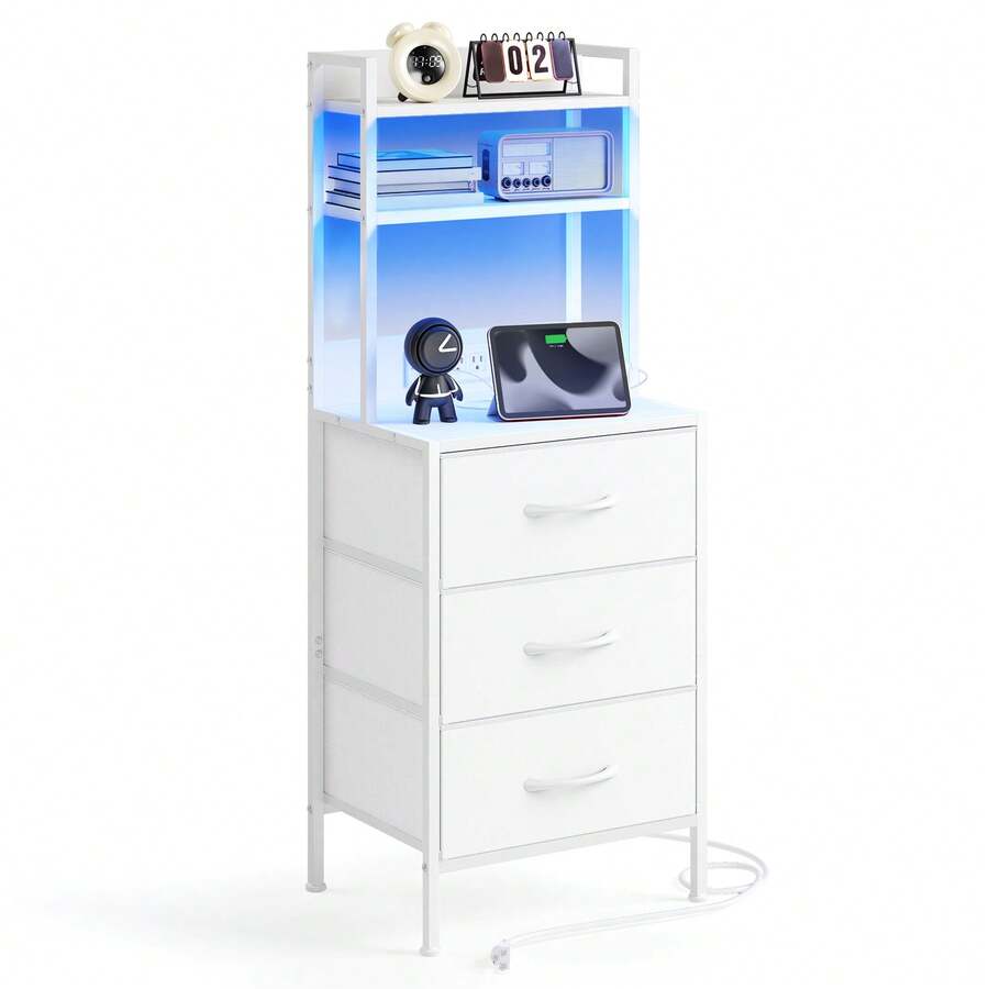 3 Drawers Tall Nightstand with LED Lights & Charging Station, 41 Inch Bedside Table with USB Port & Power Outlet, PU Fabric Storage Drawers, Multifunctional Side Table & Bookshelf for Bedroom Office, Black White Rustic Brown