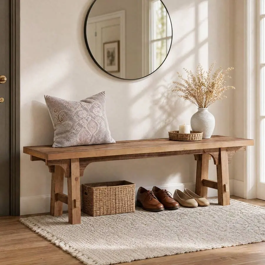 63-Inch Rustic Solid Wood Entryway Bench - Farmhouse Style with Hollow Cut Legs, 13.8-Inch Deep Multiple Seats, Assembly Required for Entrydoorway, Dining Room, Bedroom Daily Use