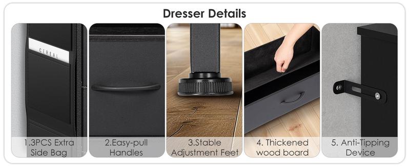 6 Drawer Dresser for Bedroom with LED Lights and Charging Station, Modern Wood Dressers with Extra Side Bag, Double Wide Drawer Cabinet TV Stand for up to 60" TV for Living Room (Black)