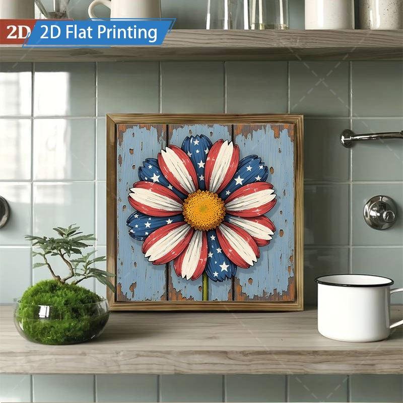 8x8inch Horizontal Wooden Sign - Patriotic Daisy Flag Framed Wall Art, Rustic Farmhouse USA Theme Suitable for Kitchen Bathroom Living Room Decor, Thick Wood Board Decoration for Home Gifts, Tabletop or Hanging Display,250th Anniversary