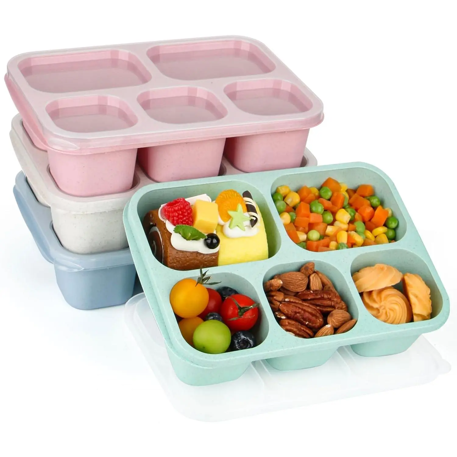 Bento Lunch Boxes - Reusable 5-Compartment Food Lunchables Containers, Snack Boxes For Adults for School, Work, and Travel, Set of 4 (Wheat)