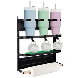 Magnetic Refrigerator Cup Holder – Foldable Space-Saving Organizer with Shelf & Hooks, Holds 3 Large Cups, Sturdy Carbon Steel, No-Drill Installation for Kitchen & Pantry