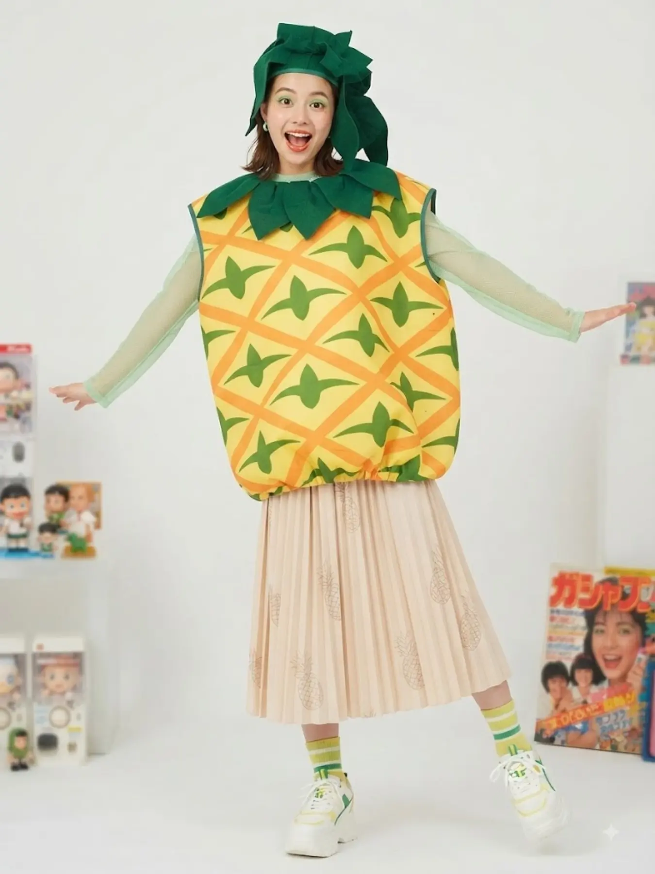 Halloween Cosplay Costume, Pineapple Shape Role-Playing Suit, Stage Performance with Hat, Fruit Theme Dress