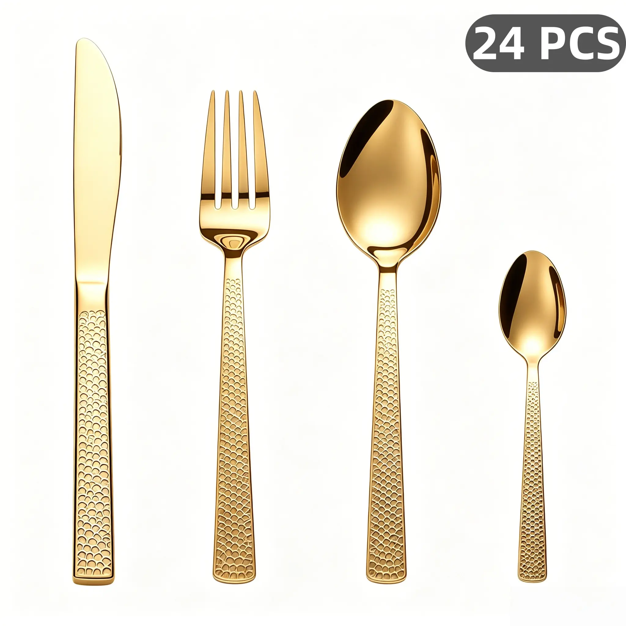 24Pcs Hammered Fish Scale Textured Handle Gold Stainless Steel Cutlery Set, Mirror Polished Flatware, Rustproof Dishwasher Safe, Ideal for Home Kitchen, Family Meals, Apartment & Holiday Gifts