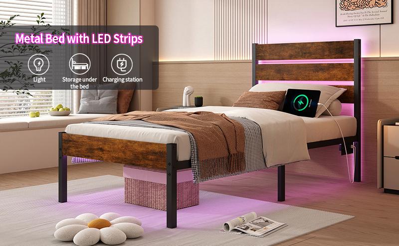 Full Size Bed Frame with Headboard,Heavy Duty LED Bed Frame with USB Charging Station,Mattress Foundation-Under Bed Storage, No Box Spring Needed, Noise Free,Brown Full Size Bed Frame with Headboard,Heavy Duty LED Bed Frame with USB Charging Station,Mattress Foundation-Under Bed Storage, No Box Spring Needed, Noise Free,Brown