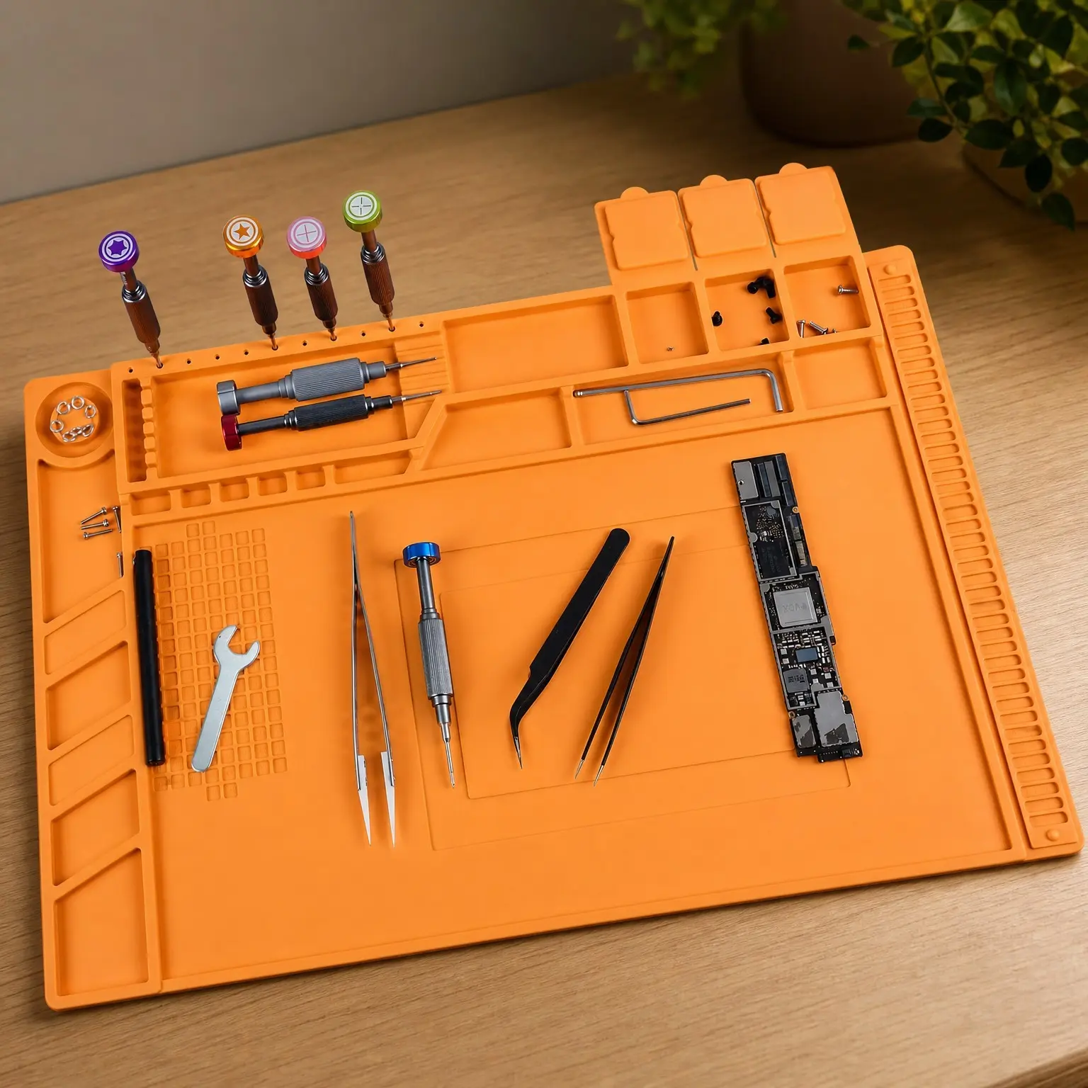 17.7x11.8 inch Silicone Soldering Mat, Heat Resistant 932°F, Anti-Static Repair Mat with Magnetic Screw Tray, Scale Ruler for BGA Phone Watch Laptop PCB Workbench