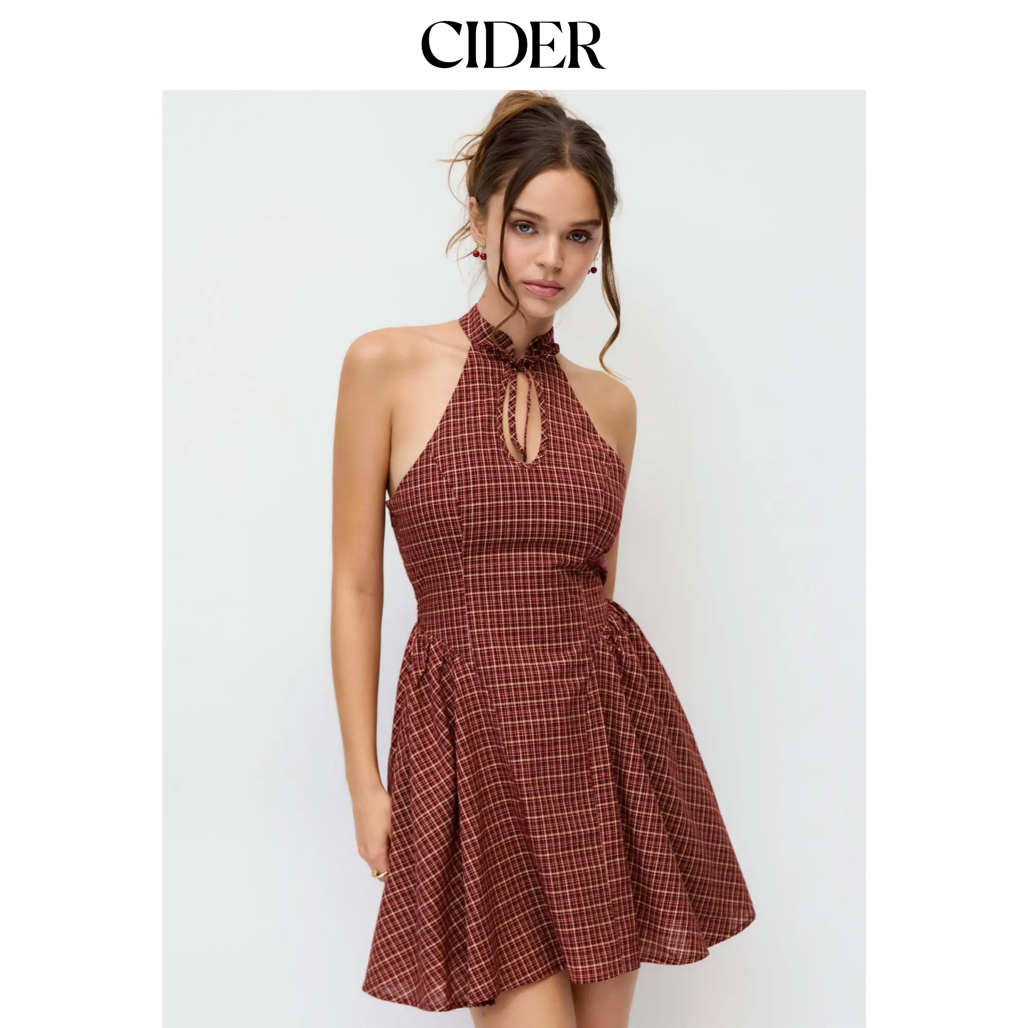 Cider Cotton Plaid Halter Neckline Cut Out Bowknot Flared Mini Dress SohoChic