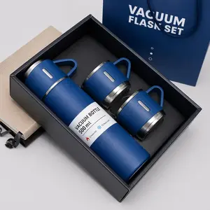 Fathers day Gift set Vacum Flask Stainless Steel Thermo 500ml/16.9oz Vacuum Insulated Bottle with Cup for Coffee Hot drink and Cold drink water flask Birthday,Gift(Blue Set)