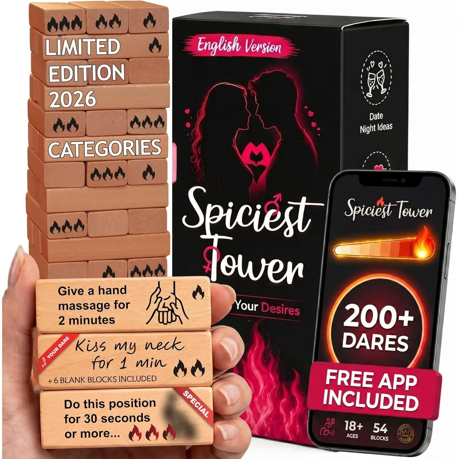 54 Sex Games & Couples Games - Spiciest Tower to play with Sex Toys for Adults - Relationships - Exciting, Pleasing & Funny Challenges - Date Night Couples Games - Valentine's Day Gift Naughty, Board Games Night, Party Board Game
