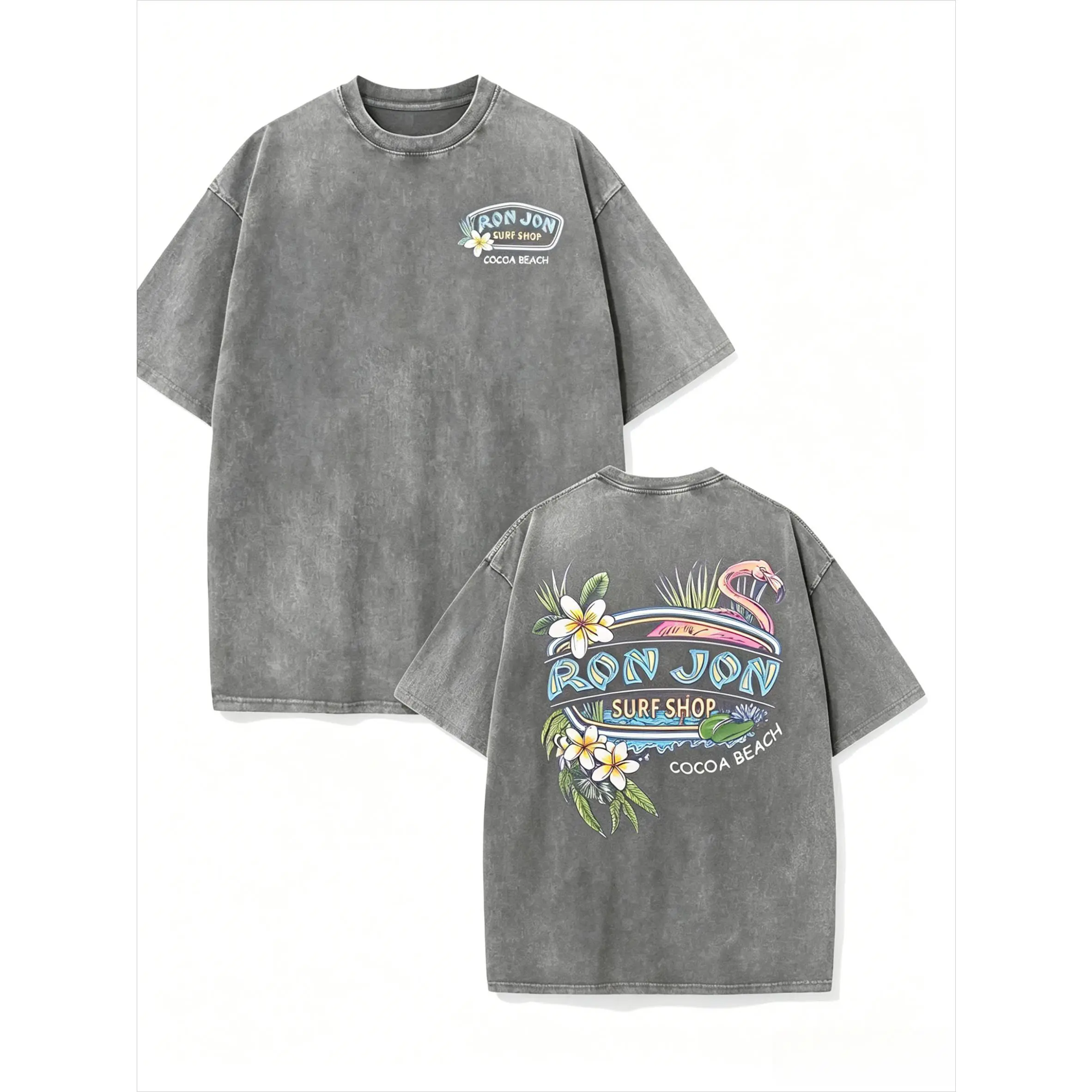 Menswear Vintage Washed Ron Jon Surf Shop Short-Sleeve T-Shirt - Unisex Cocoa Beach Graphic Top, Casual Fabric Beach Wear, Great Gift for Surf Lovers