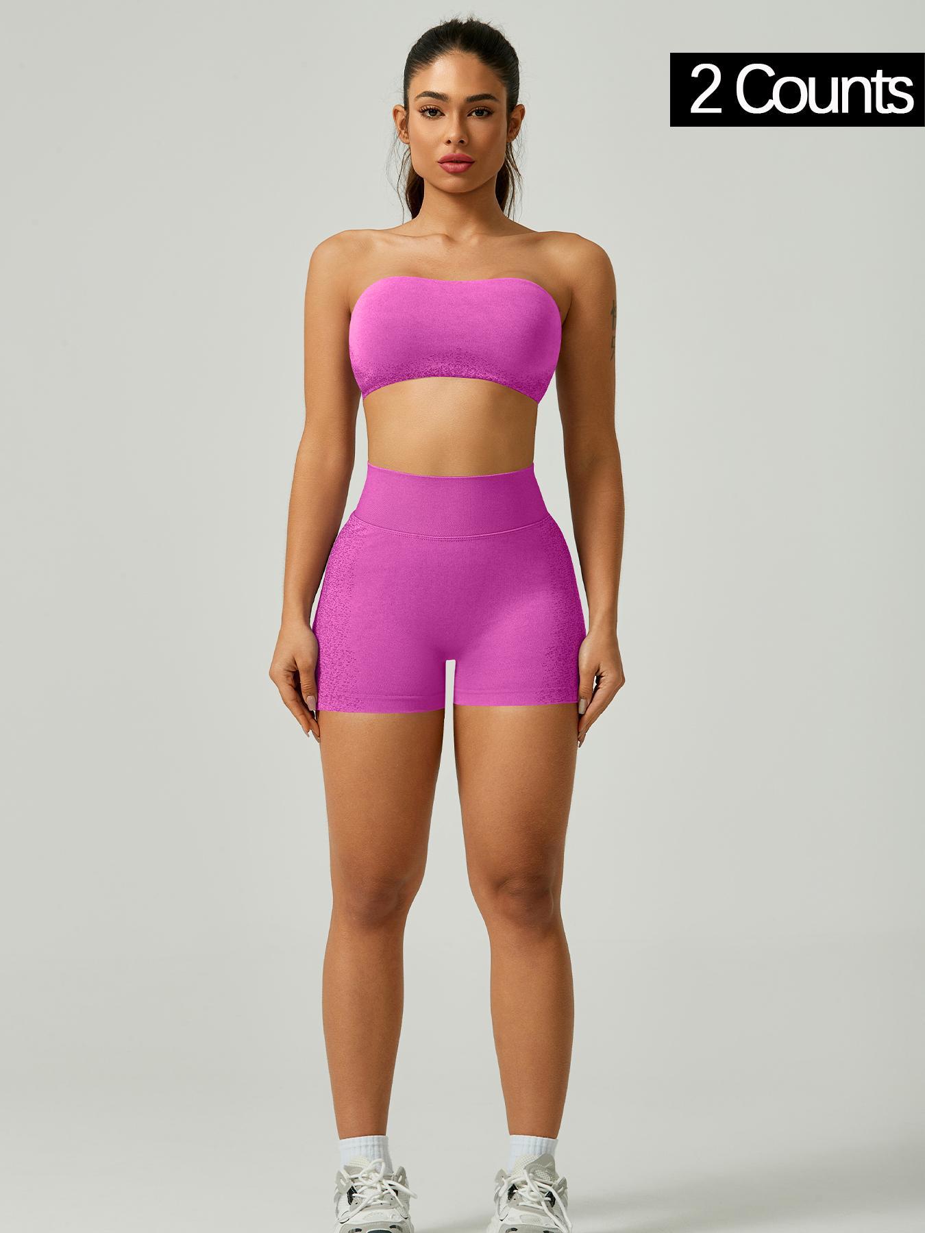 Women's Solid Cross Back Bandeau Top & High Waist Shorts Sports Set, Sporty Casual Breathable Comfortable Two-piece Outfits for Yoga Gym Workout Running, Ladies Spring Sportswear, Workout Running Clothes, Gym Sets