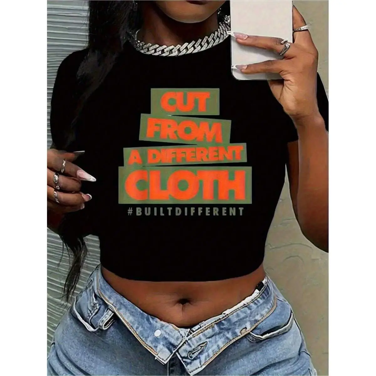 "Cut From A Different Cloth" Graphic Crop Top |   Bold Orange & Green Print, Black, Short Sleeve, Round Neck, Stretch Fit, Machine Washable, Casual Summer Tee, Everyday Tshirt |   Y2K Style, Crew Neck, Geometric Pattern, Women's Short Sleeve Crop Tee - Li