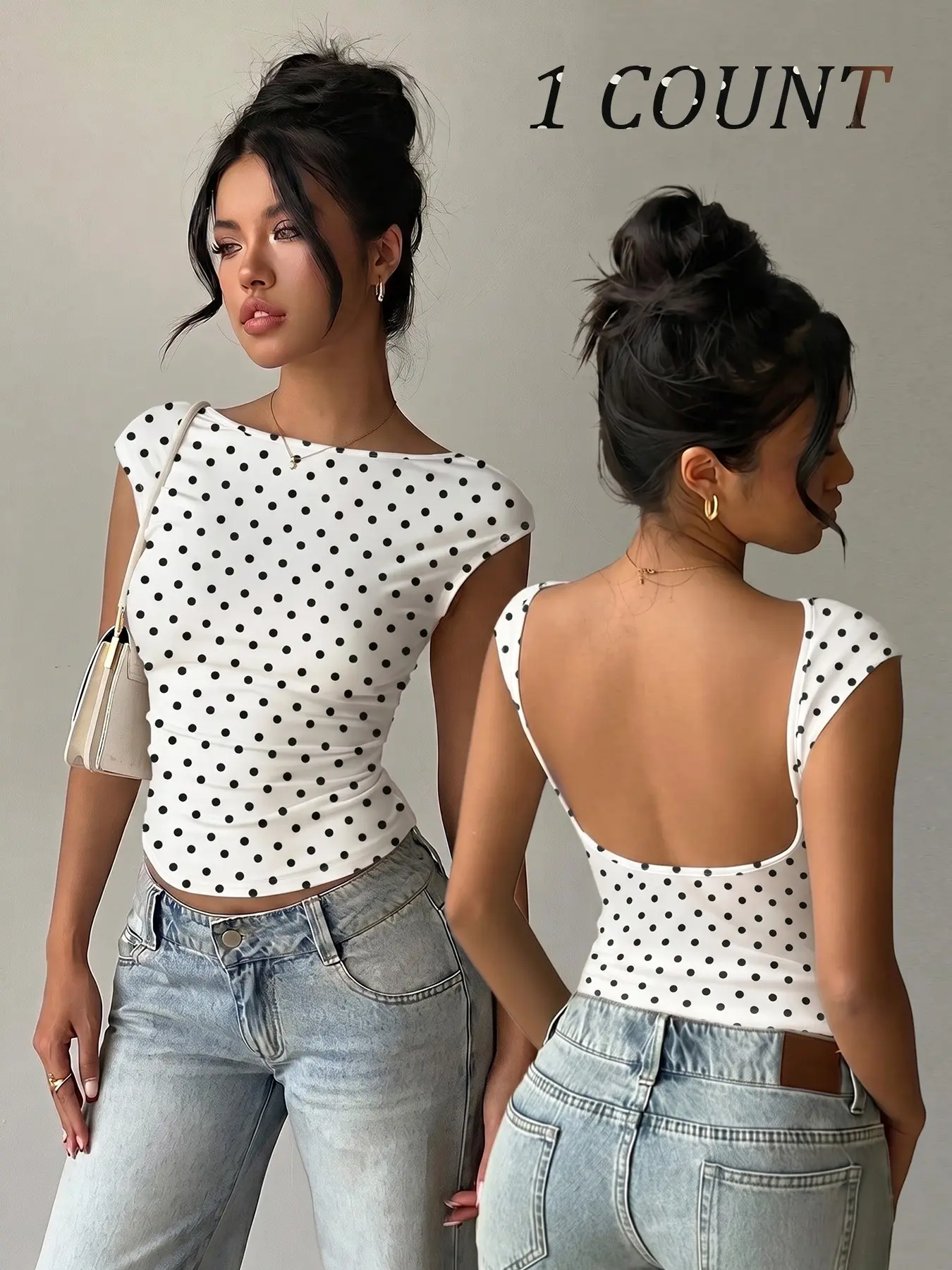 French Coquette Vintage Women’s White Black Polka Dot Crop Top, Straight Boat Neck Cap Cover Sleeve, Big U Shape Open Low Back Side Ruched Stretch Slim Fitted Mini Tee, Soft Knit Elegant Going Out Blouse For Coffee Shot, Date Night & Resort Vacation Outfi