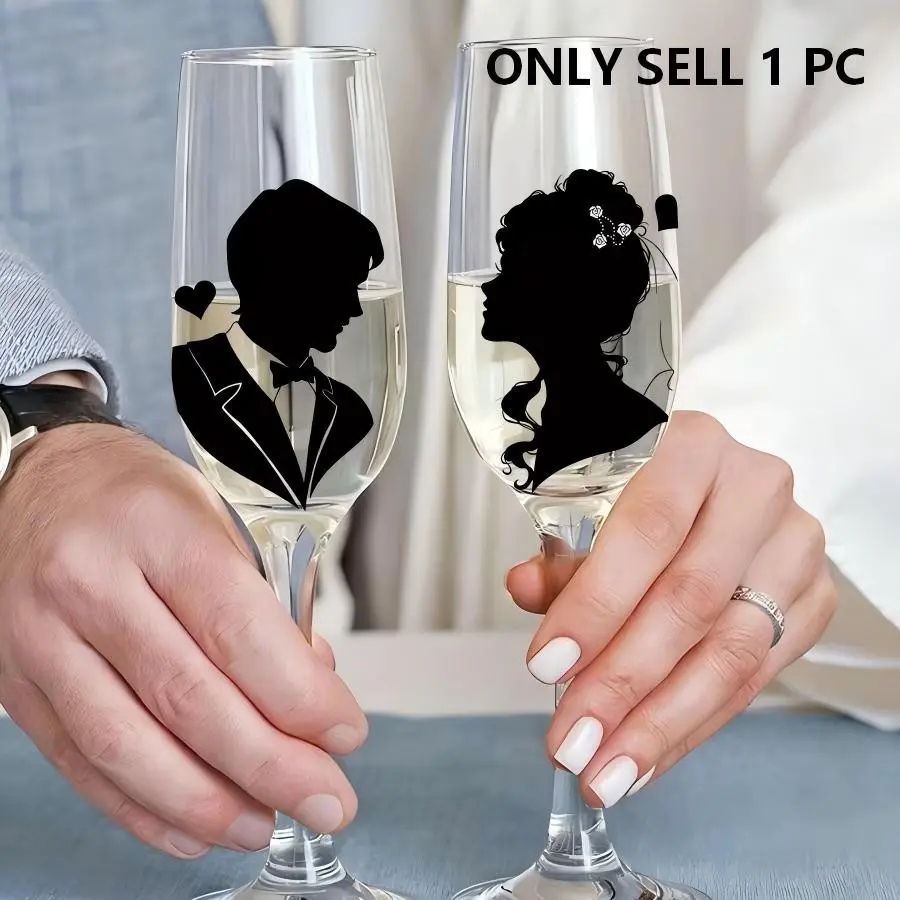 1 Set Bride & Groom Silhouette Pattern Goblet Champagne Wine Cup Decorative Stickers, Romantic Luxury Style Self-adhesive Removable Waterproof Glass Decals, For Newlyweds Couples, Wedding Engagement Valentine's Day Party Custom Wine Glass Decor Stickers