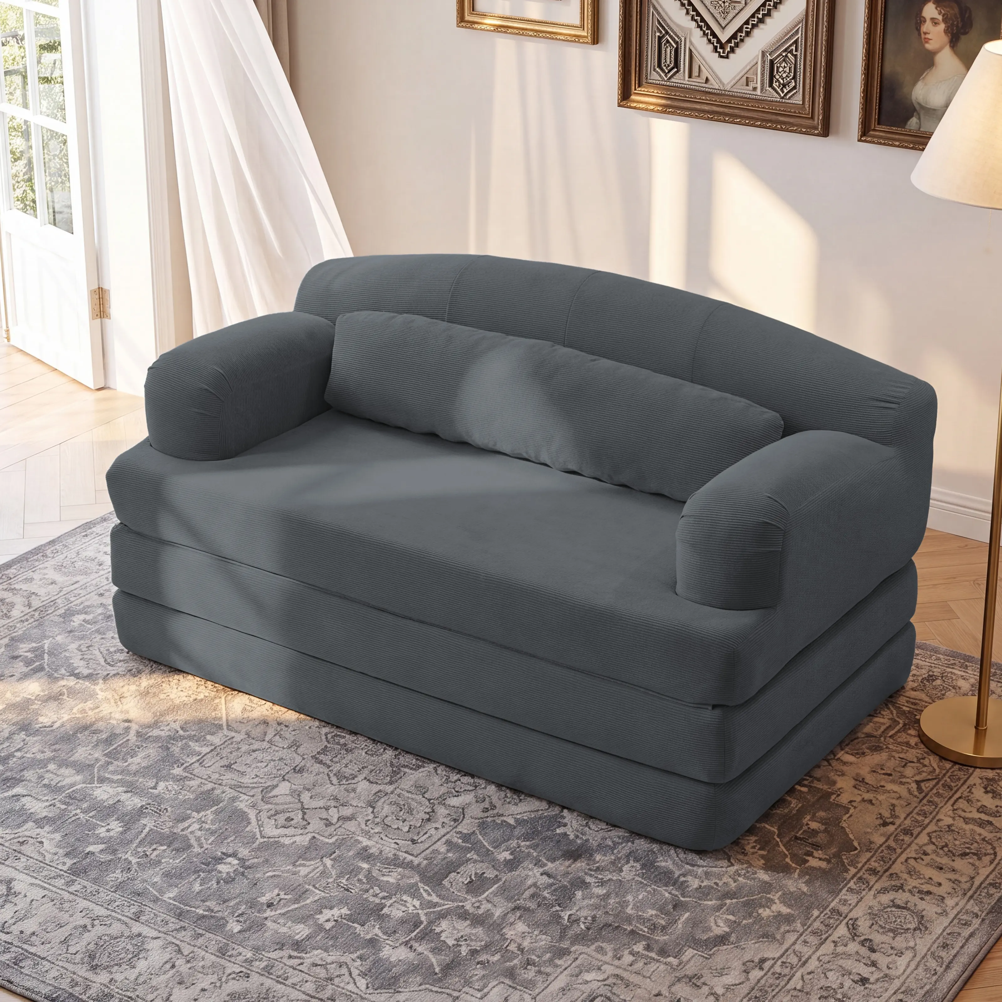ARCH 2-Seat Corduroy Sofa Bed - Modular Floor Couch, Compact-Size Foldable Sleeper with High-Density Foam, Removable Cover, Easy-to-Clean Modern Indoor Furniture for Small Apartments, Dark Gray, Compactsize