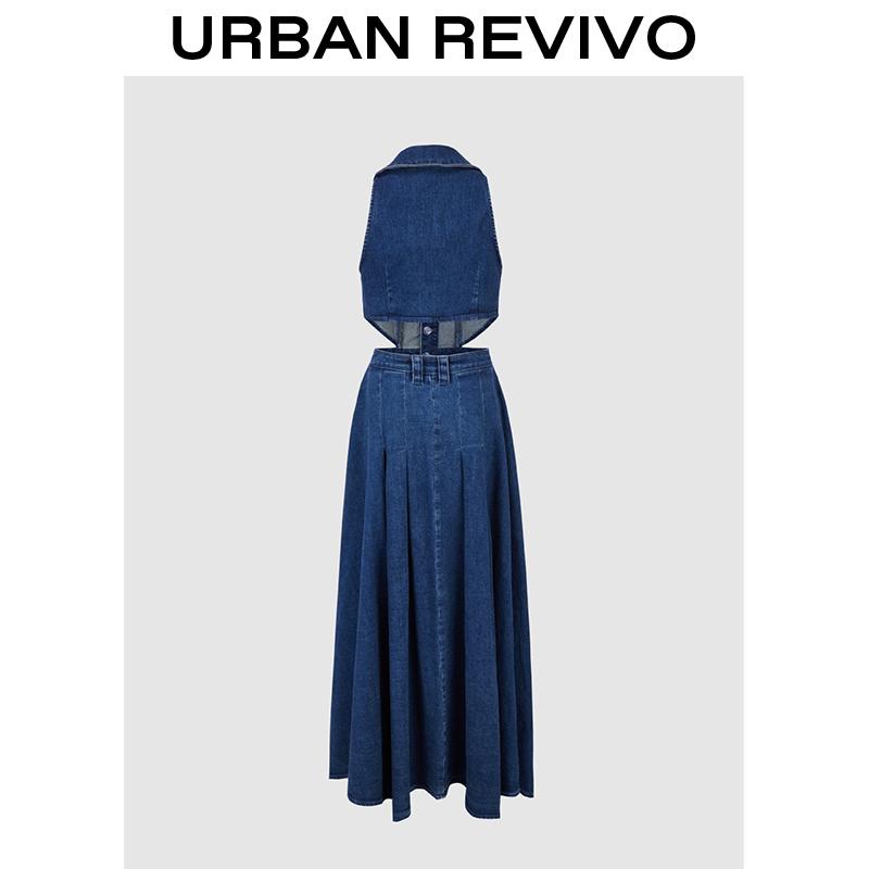URBAN REVIVO Women's Casual Denim Dresses  Fashion Lapel Sleeveless Cut-Out Sides Slit with Big Pockets UWG850170