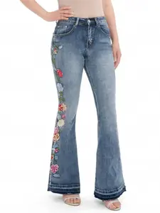 Women's High Waist Embroidered Flare Jeans, Floral Pattern Frayed Hem, Slim Fit Bell Pants, Vintage Boho Style, Fall & Winter Fashion