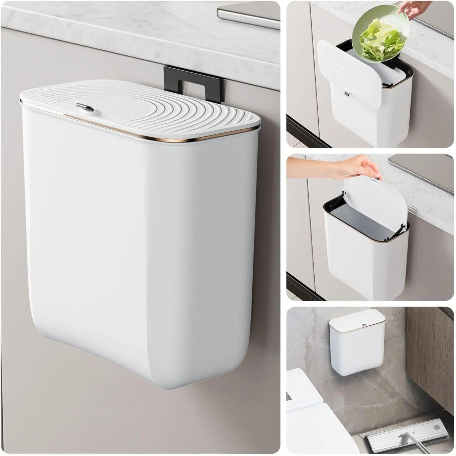 2.4 Gallon Hanging Trash Can - Small Under Sink Trash Can with Lid, Wall Mounted Garbage Bin for Kitchen & Bathroom Cupboard, Odor-Control, Extended Clamping Ring, White