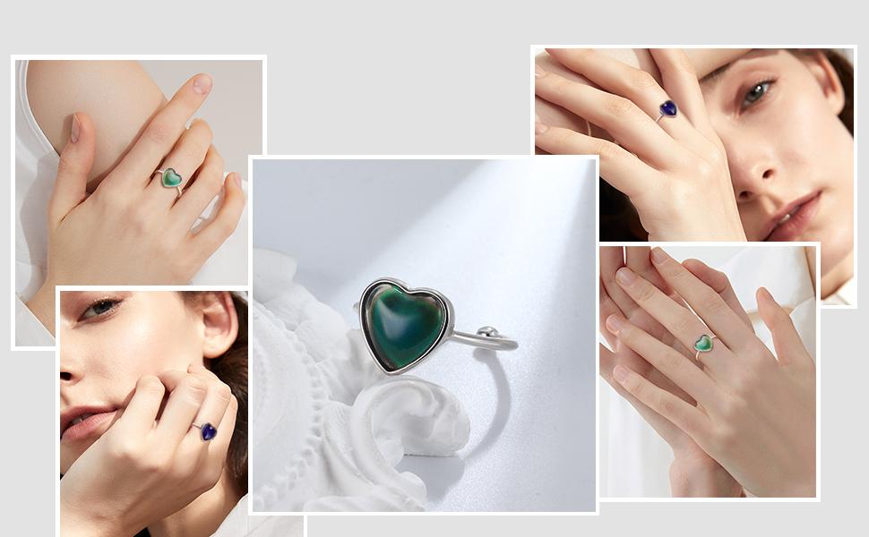 Adjustable 925 Sterling Silver Mood Ring for Women Temperature-Control Changeable Silver Rings Women Change Color Minimalist Delicate Rings for Women Open Heart Ring for Girls