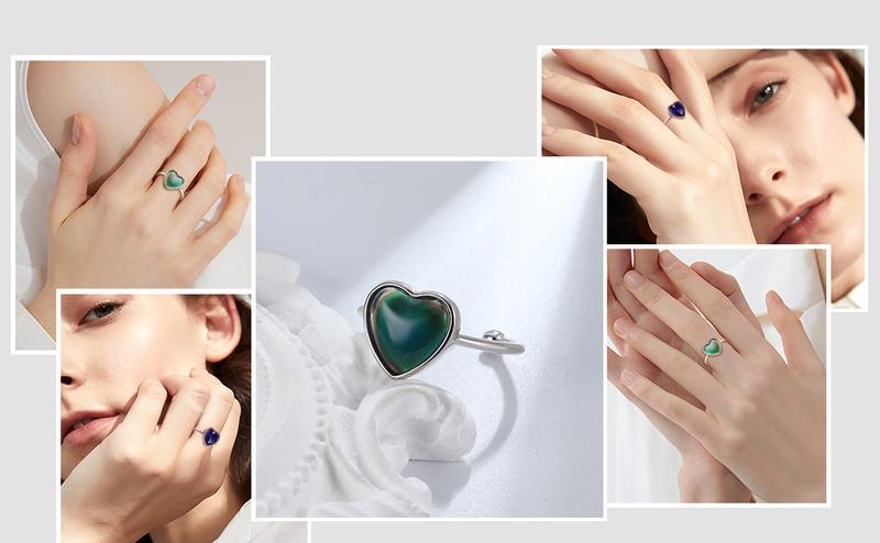 Adjustable 925 Sterling Silver Mood Ring for Women Temperature-Control Changeable Silver Rings Women Change Color Minimalist Delicate Rings for Women Open Heart Ring for Girls