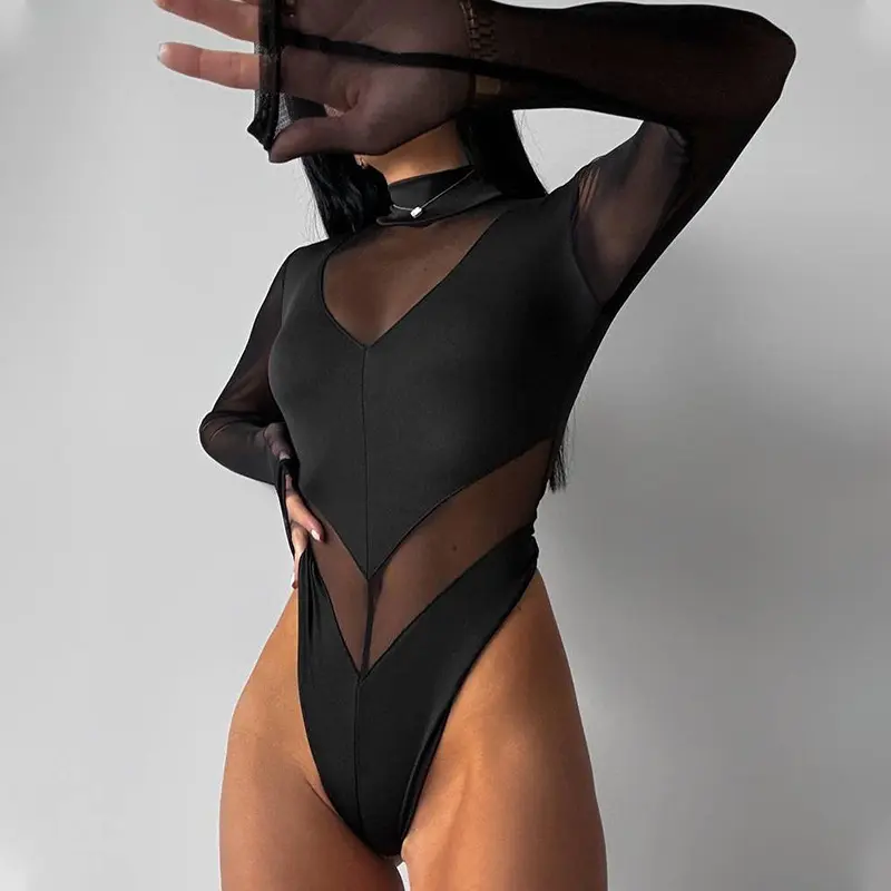 Women's High-Waist Cut Long Sleeve European-American Style Streetwear Mesh Patchwork Tight-Fitting Glamorous Bodysuit